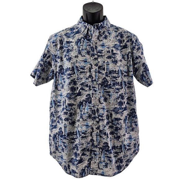 Columbia Men’s Sailboat Lighthouse Print Button Up Short Sleeve Shirt Sz Medium - Picture 1 of 15